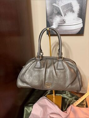 MCM Authentic Muchen Metallic Pewter Pebbled Leather Satchel Shoulder bag